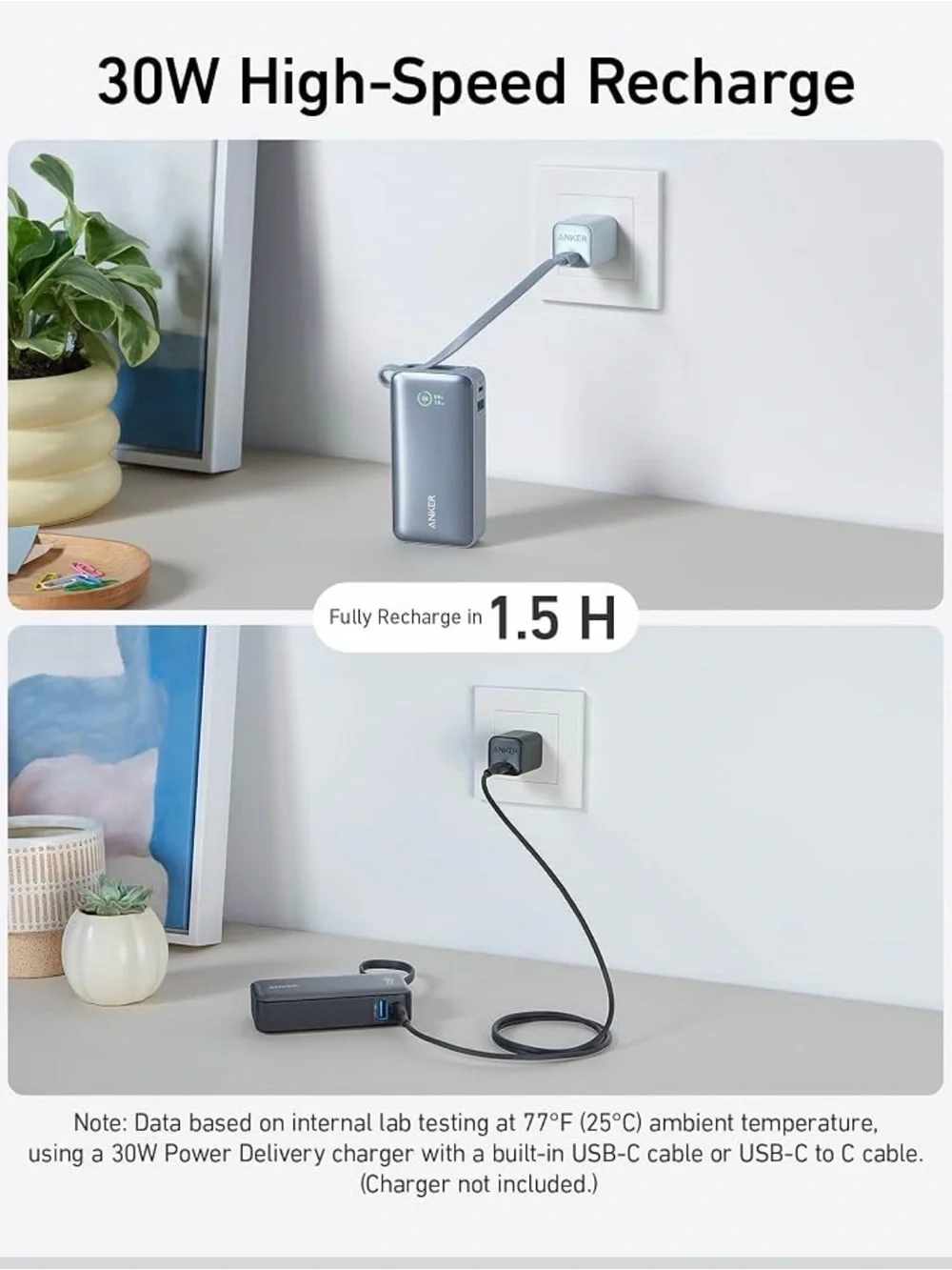 Anker Black Compact 10,000mAh Power Bank with Built-In USB-C. NEW